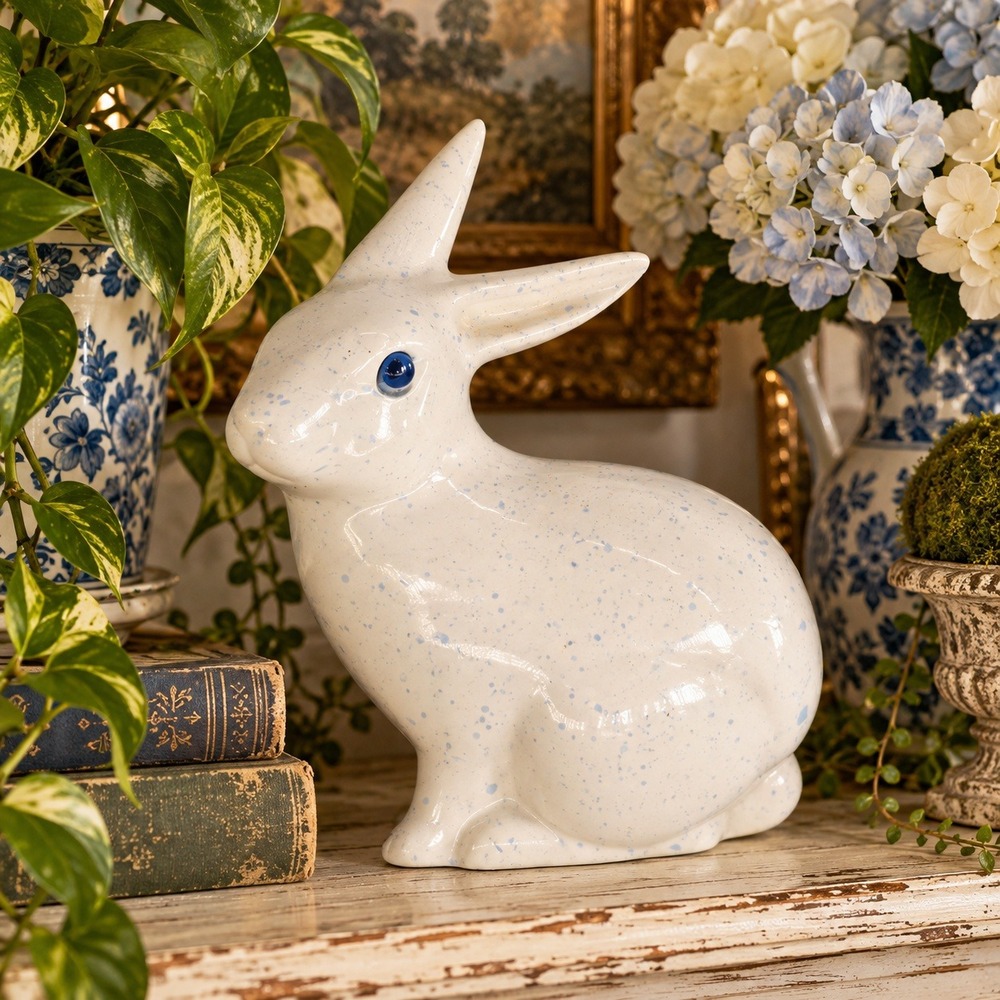 Vintage ELPA Alcobaça Portugal Rabbit Figurine Blue Glass Eyes Speckled Ceramic